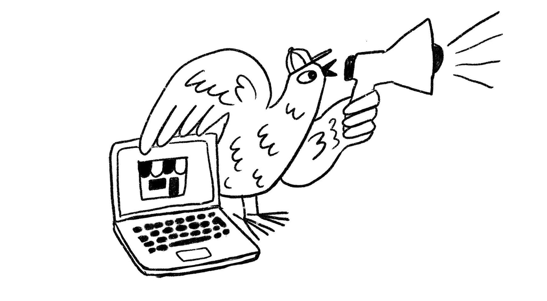 Lippalakkipäinen lintu kuuluttaa megafoniin, kuinka verkkokaupan markkinointi rakentuu datan ja oikeiden työkalujen avulla.