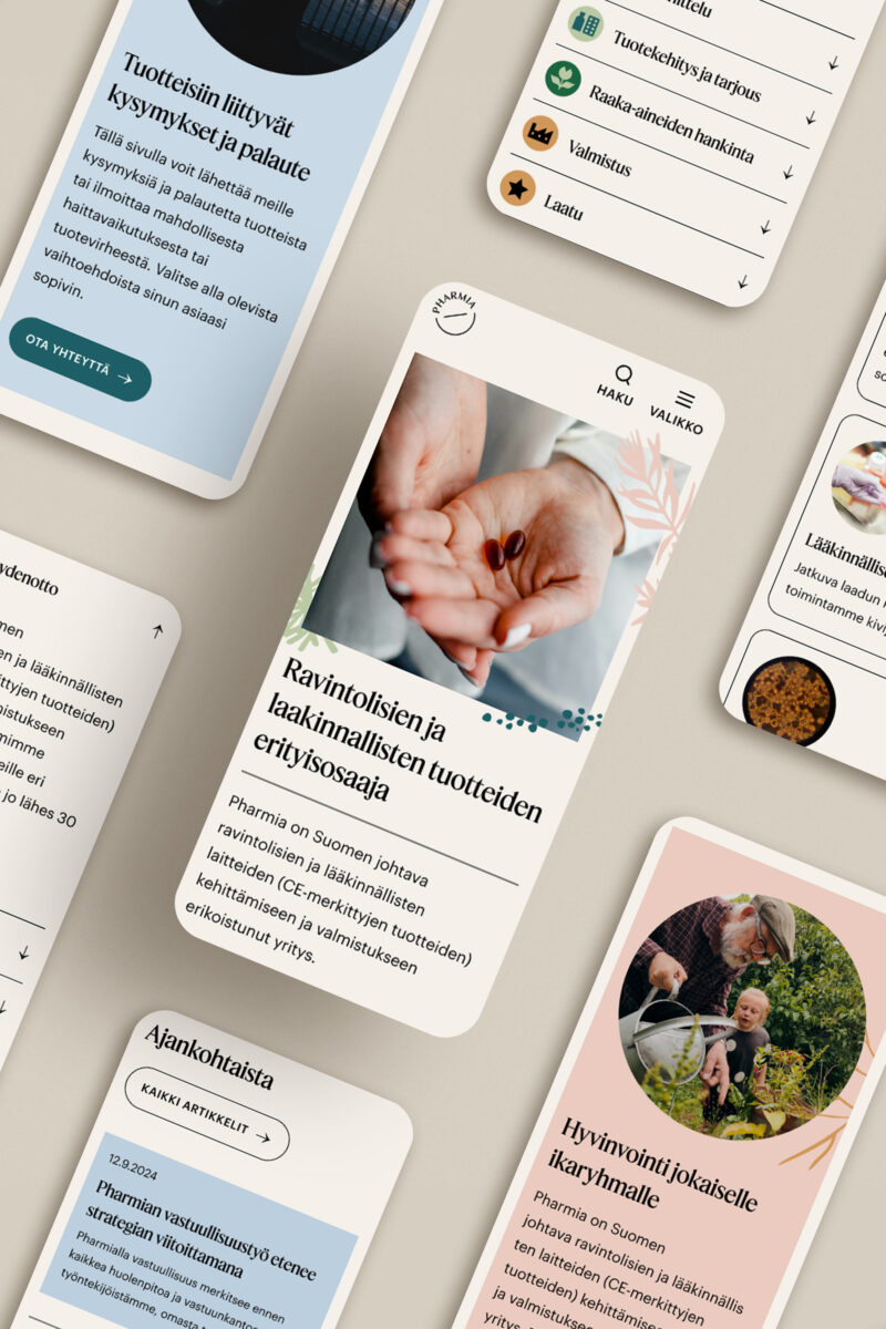 Pharmian WordPress-verkkosivun mobiilinäkymät, toteuttaja Digitoimisto redandblue